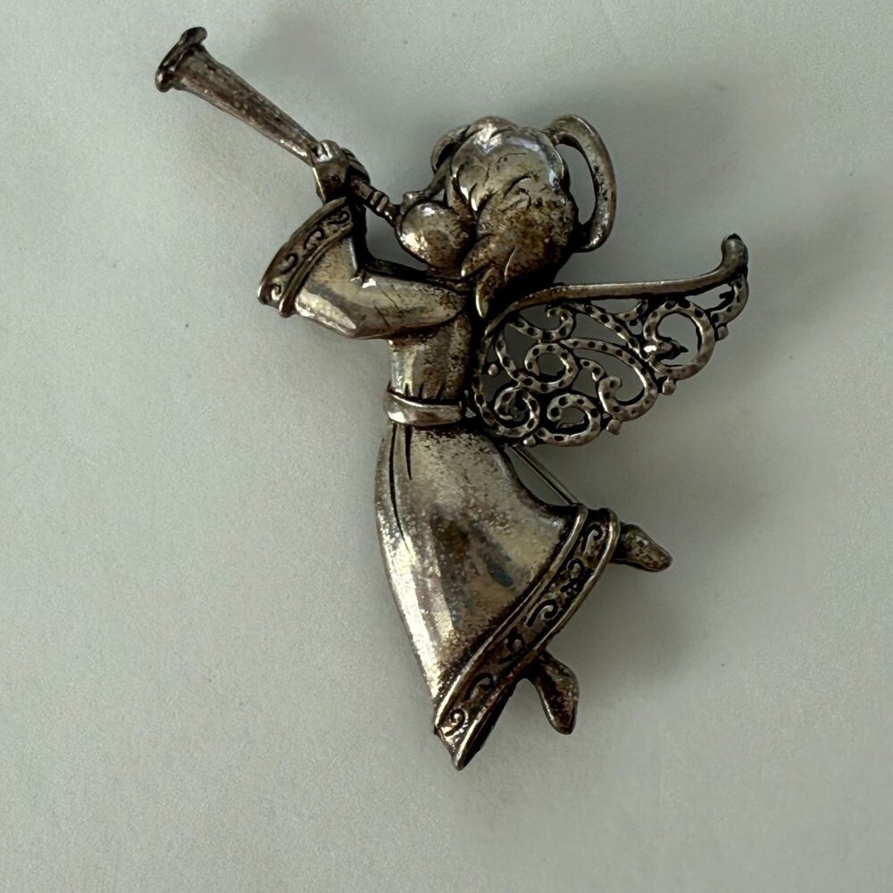 Vintage Sterling Silver Angel Playing Trumpet Brooch Pin Marked 925